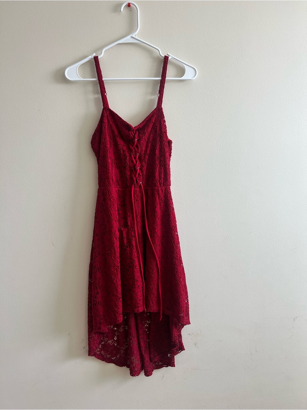 Beautiful Cherry Dress lace High-Low Midi Dress in Deep Red